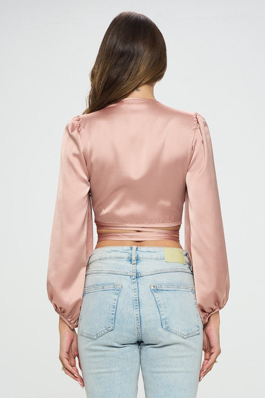 Silky Satin Wrap Crop Top with Tie-New Arrival-Reneecollection-Small-ROSE-Urbanheer