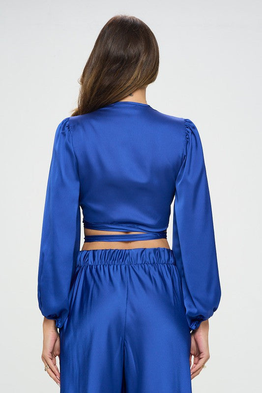 Silky Satin Wrap Crop Top with Tie-New Arrival-Reneecollection-Small-ROYAL BLUE-Urbanheer