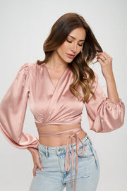 Silky Satin Wrap Crop Top with Tie-New Arrival-Reneecollection-Small-ROSE-Urbanheer