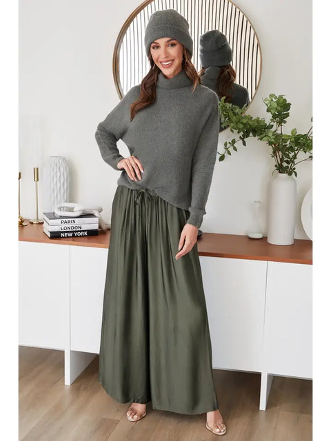 Silky Wide Leg Pants ARMY Green-Pants-MILIO MILANO-XS-ARMY Green-Urbanheer