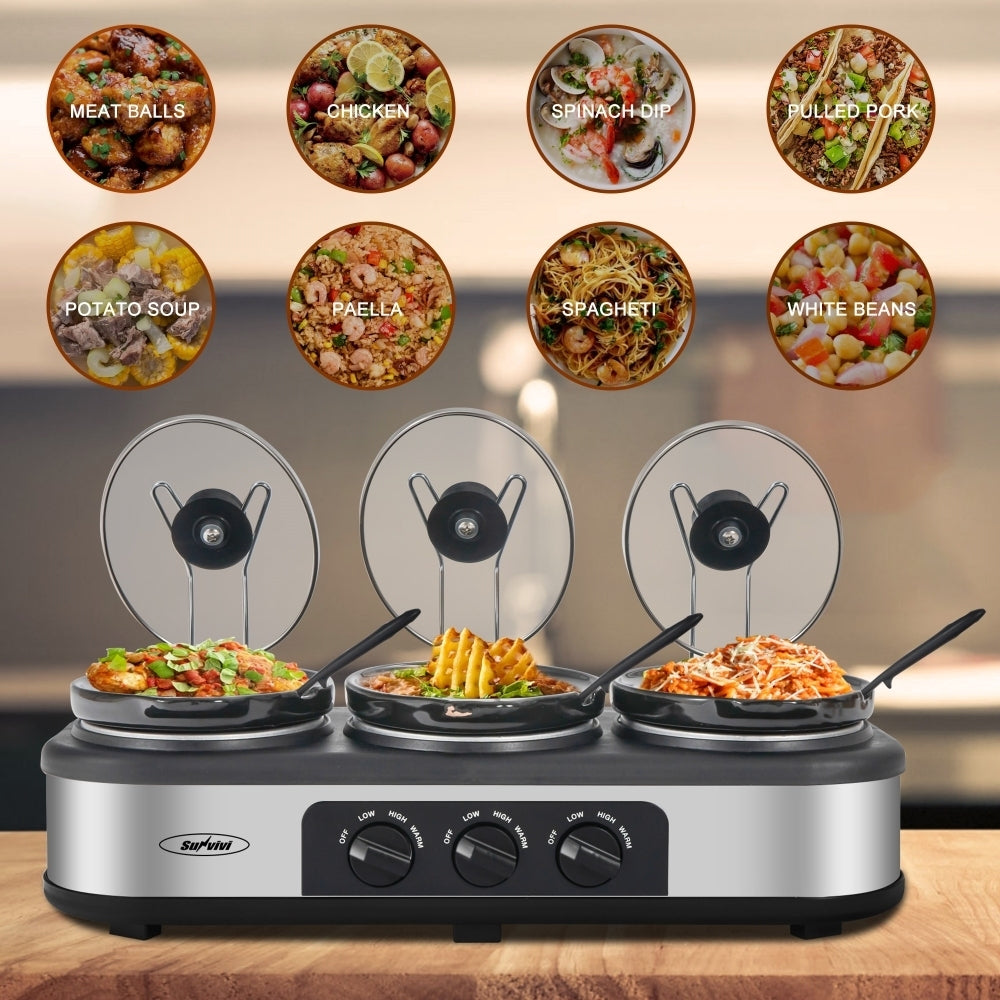 Silver 4.5 QT Electric Small Slow Cookers Portable Crock Pot 1.5 Quart Triple Slow Cooker For Buffet Kitchen-Kitchen & Dining-UH Kitchen-Urbanheer