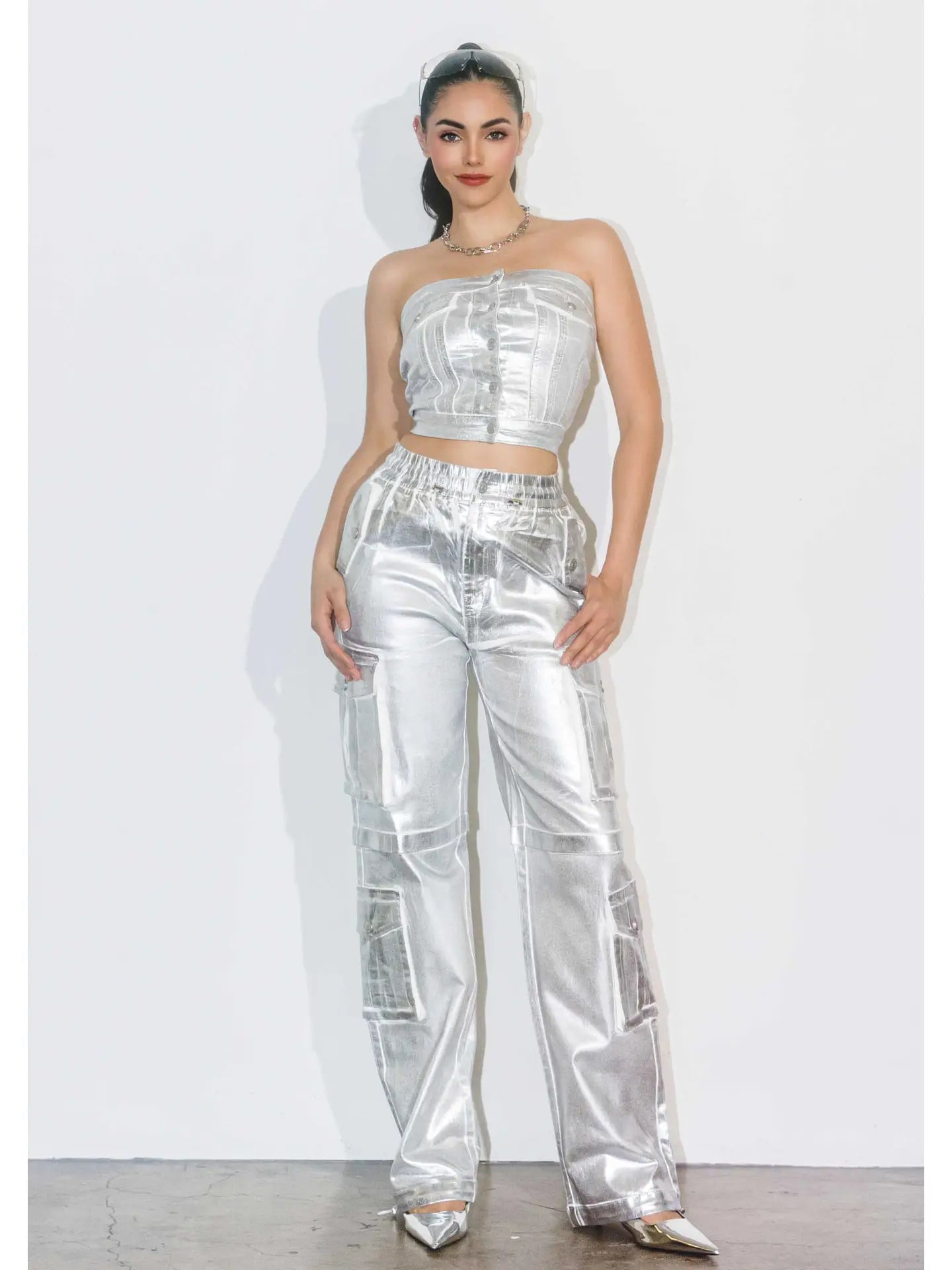 Silver Foil Printed Cargo Pants