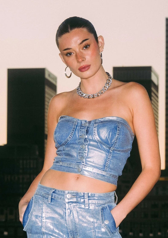 Silver Foil Printed Top-TOP-Vibrant M.i.U-S-Silver-Urbanheer