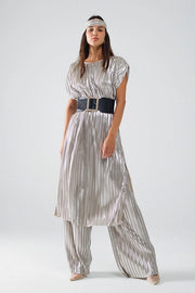 Silver Pleated Dress with Belt and Short Sleeves-Dress-Q2-M-Silver-Urbanheer