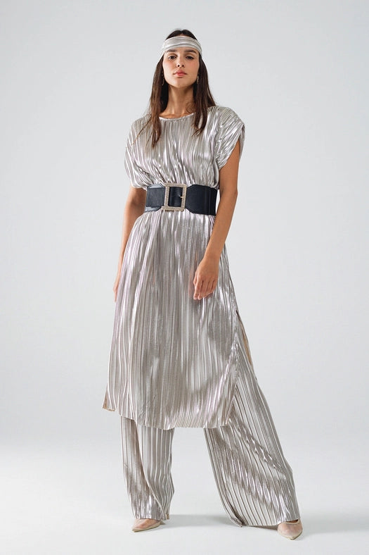 Silver Pleated Dress with Belt and Short Sleeves-Dress-Q2-M-Silver-Urbanheer