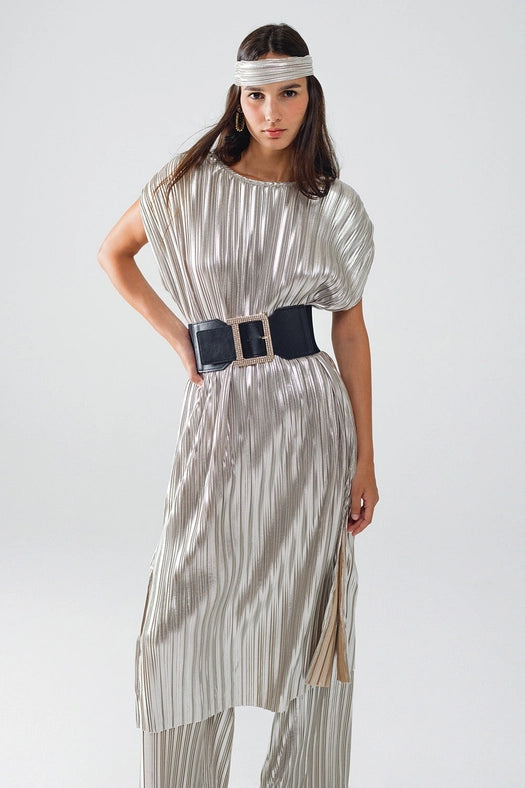 Silver Pleated Dress with Belt and Short Sleeves-Dress-Q2-M-Silver-Urbanheer