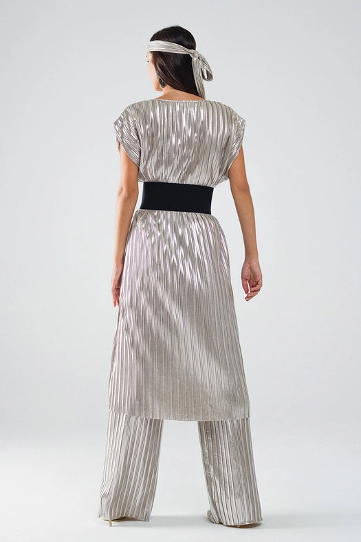Silver Pleated Dress with Belt and Short Sleeves-Dress-Q2-M-Silver-Urbanheer