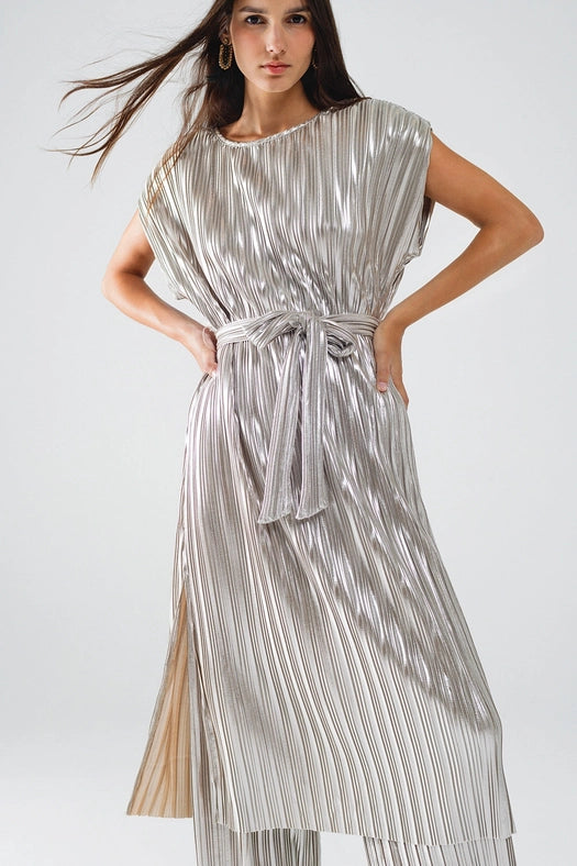 Silver Pleated Dress with Belt and Short Sleeves-Dress-Q2-M-Silver-Urbanheer