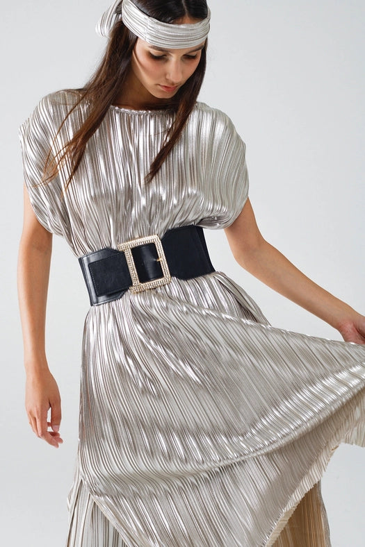 Silver Pleated Dress with Belt and Short Sleeves-Dress-Q2-M-Silver-Urbanheer