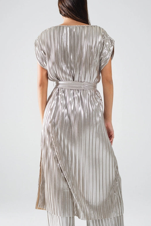Silver Pleated Dress with Belt and Short Sleeves-Dress-Q2-M-Silver-Urbanheer