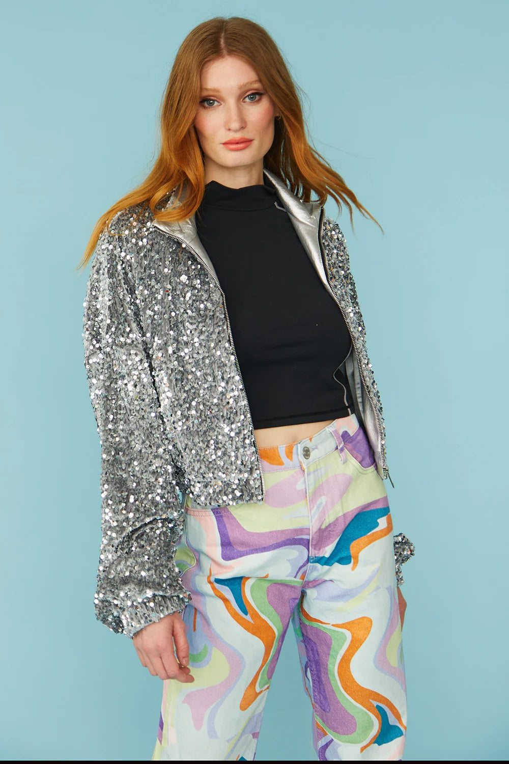 Silver Sequin Cropped Biker Jacket-Jackets & Blazers-Buy Me Fur Ltd-S-M-Silver-Sequin-Urbanheer