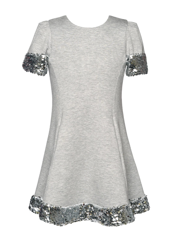 Silver Sequin Trimmed Flared Dress W Pockets-Dress-Hannah Banana-12-GREY-Urbanheer