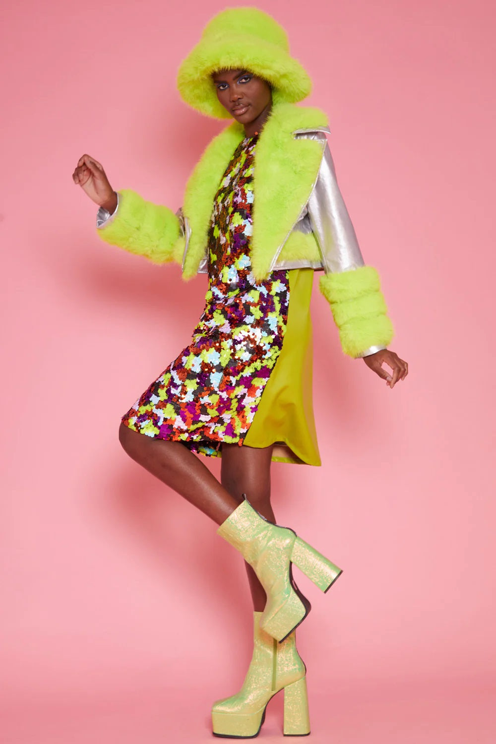 Silver Yellow Faux Leather Faux Fur Biker Jacket-Faux Leather Jackets-Buy Me Fur Ltd-S-M-Silver / Yellow-Faux Leather-Urbanheer