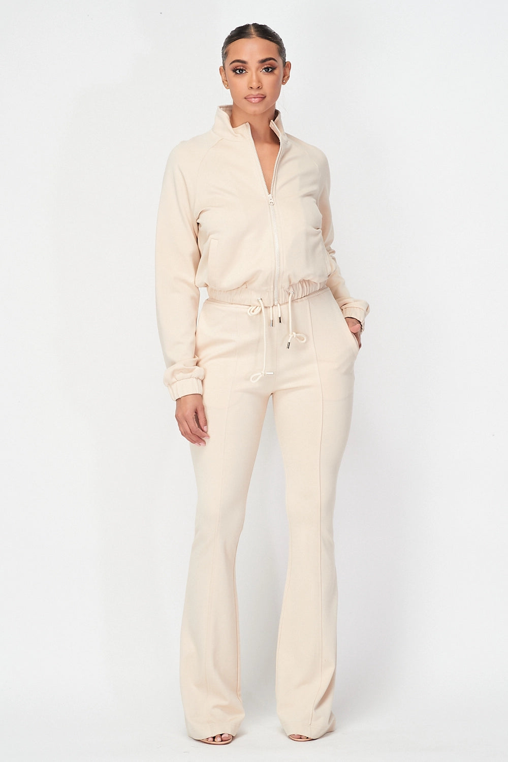 Simple Day Knit Track Jacket and Flare Pants Set | Cream