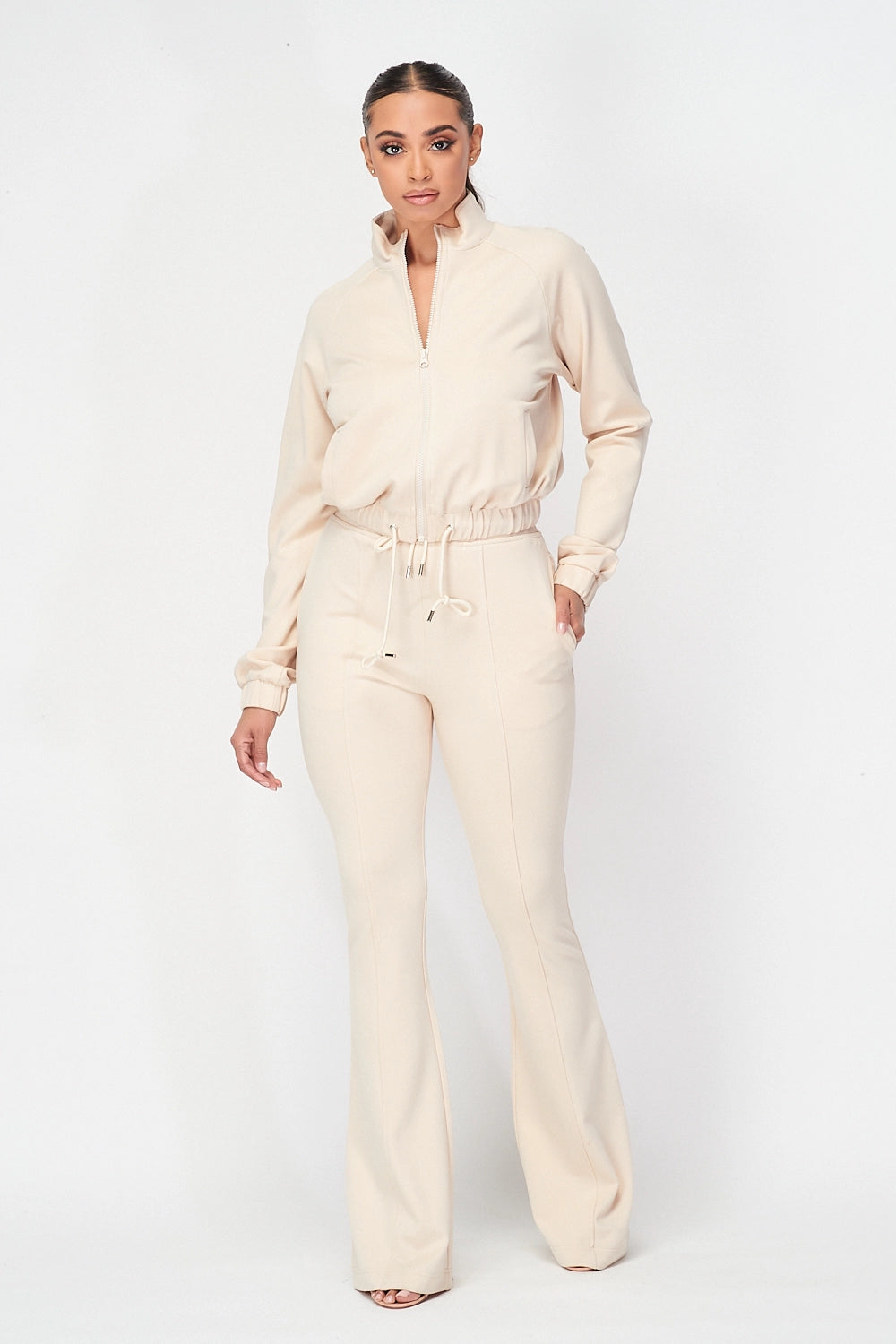 Simple Day Knit Track Jacket and Flare Pants Set | Cream
