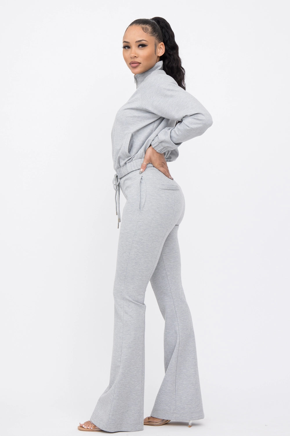 Simple Day Knit Track Jacket and Flare Pants Set | Grey