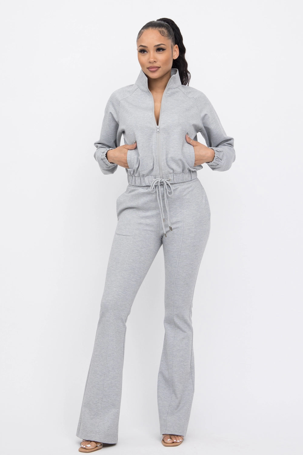 Simple Day Knit Track Jacket and Flare Pants Set | Grey