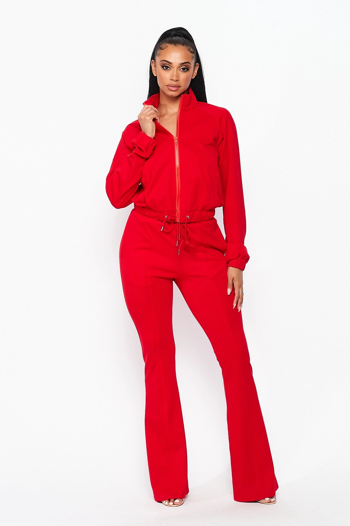 Simple Day Knit Track Jacket and Flare Pants Set | Red