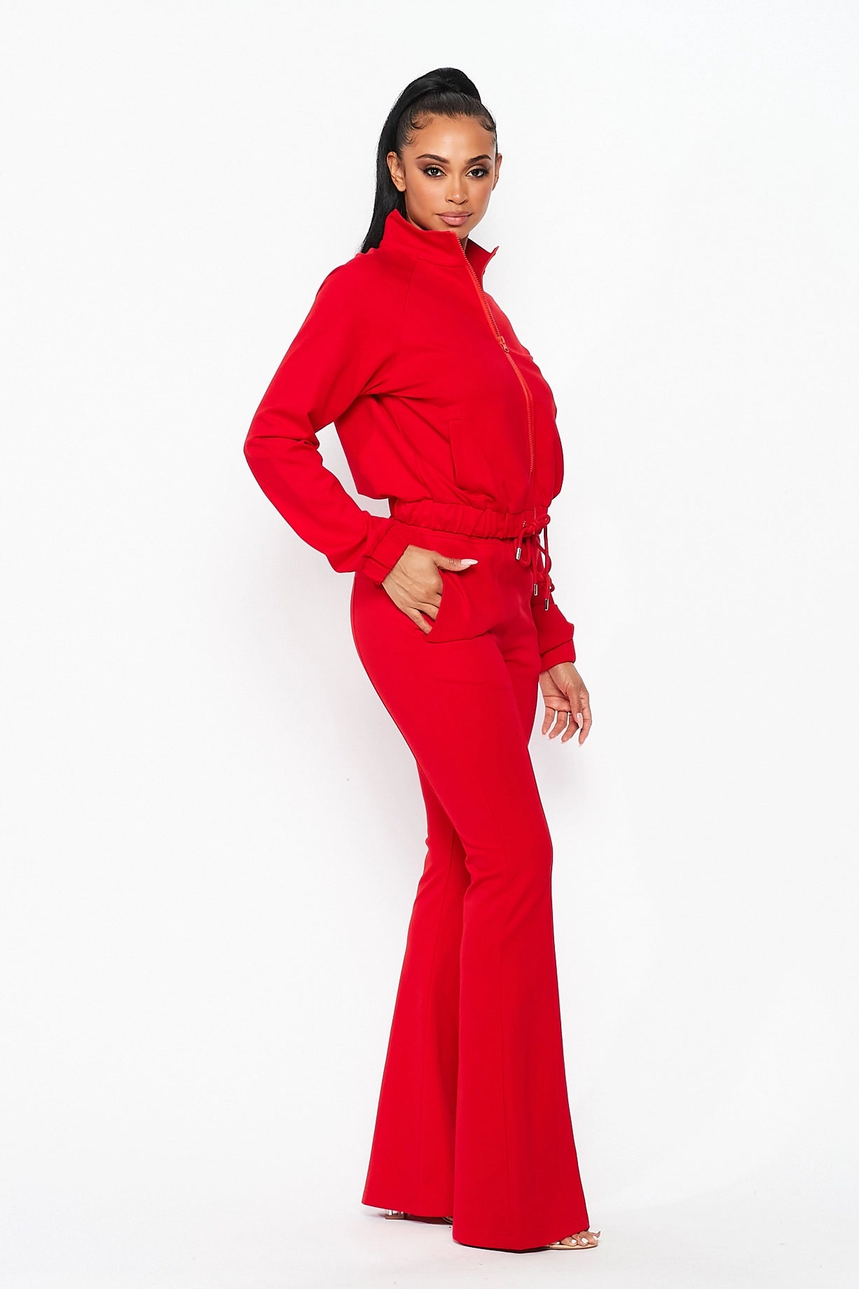 Simple Day Knit Track Jacket and Flare Pants Set | Red