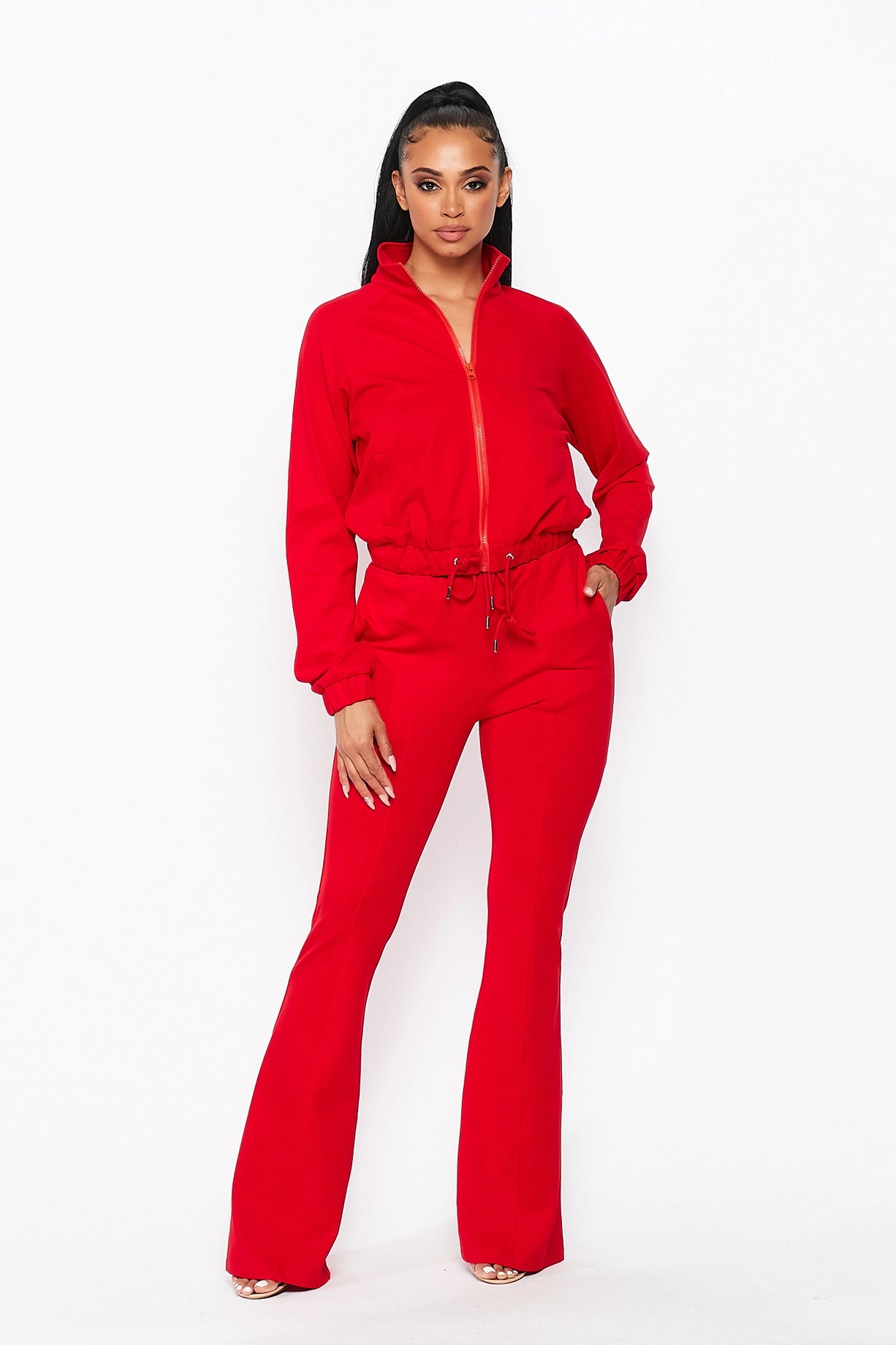 Simple Day Knit Track Jacket and Flare Pants Set | Red