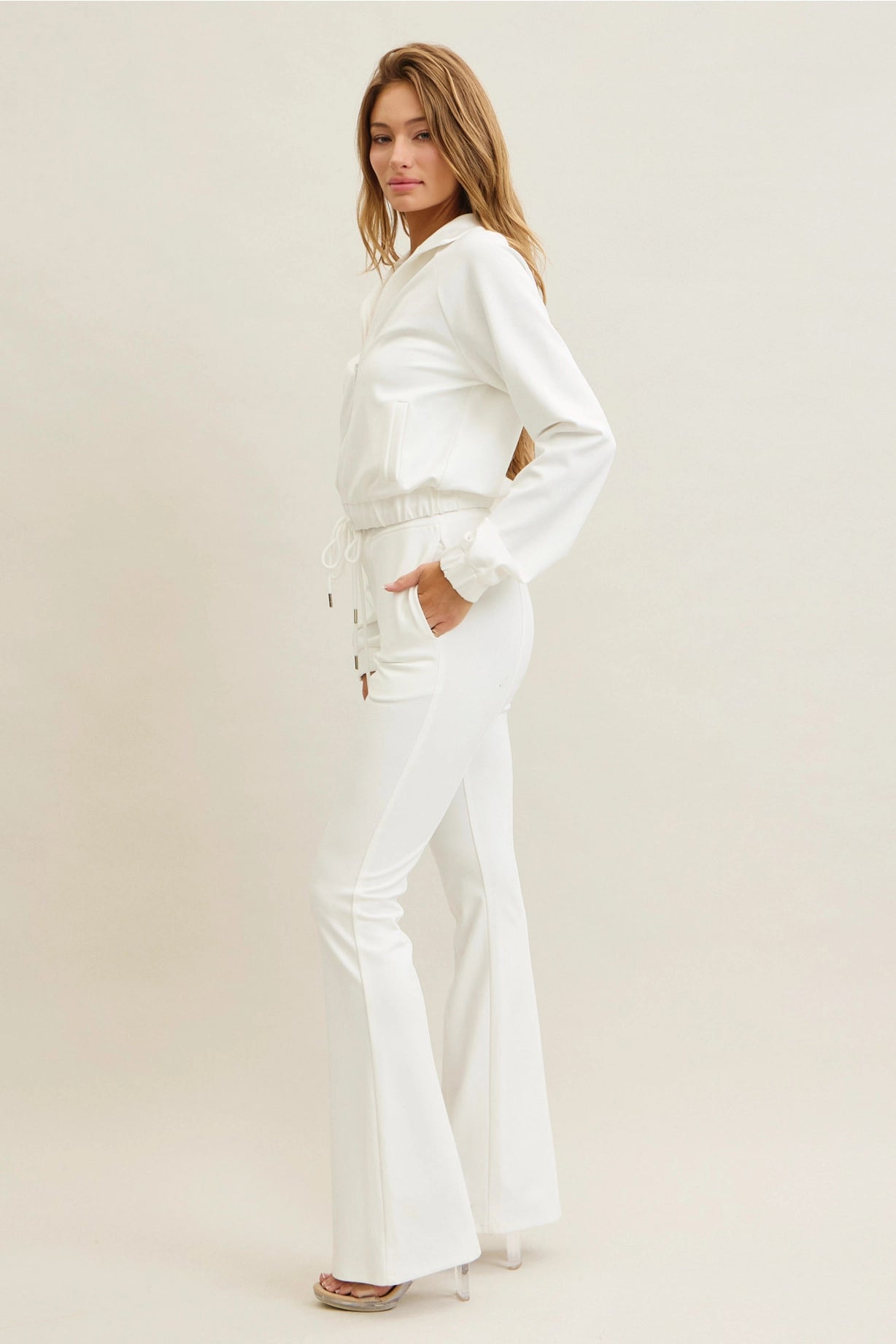 Simple Day Knit Track Jacket and Flare Pants Set | White