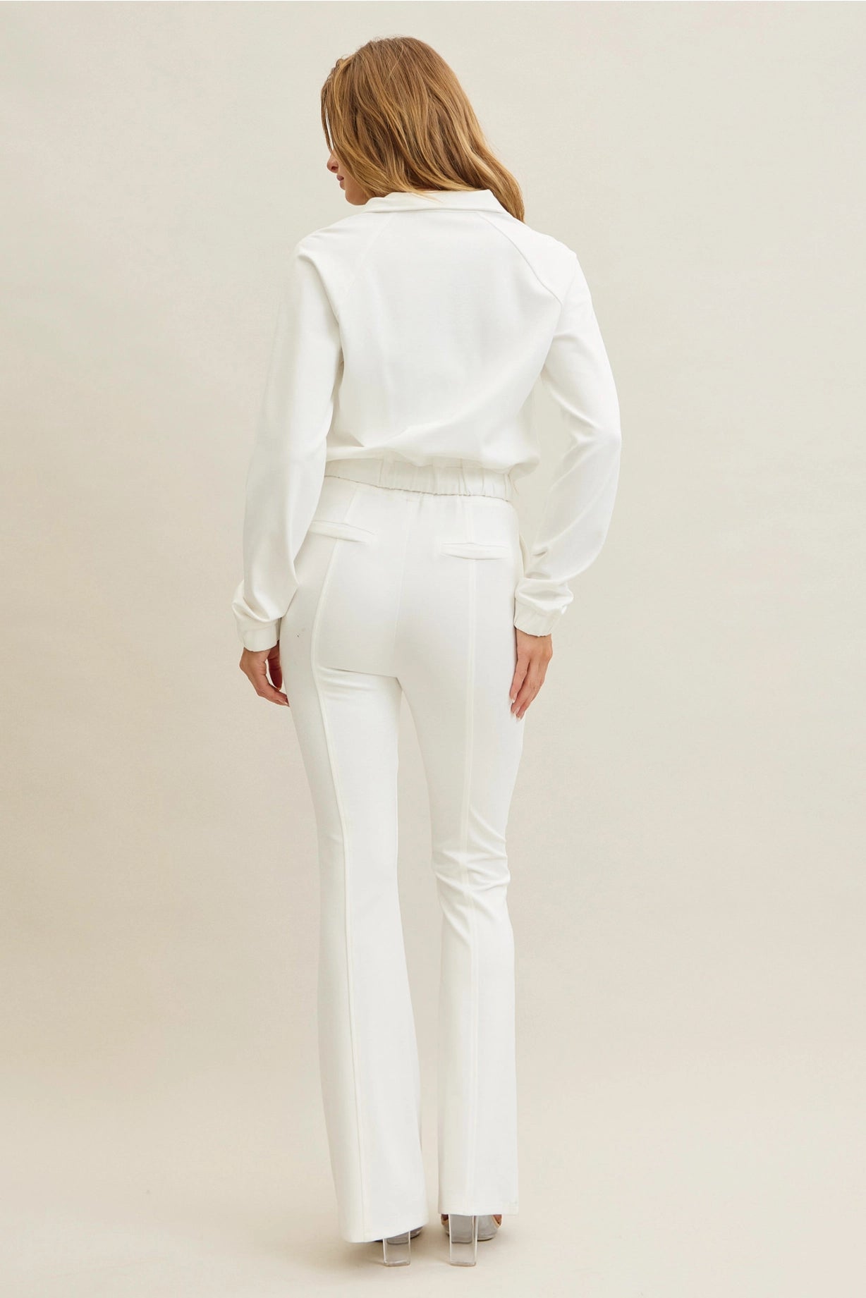 Simple Day Knit Track Jacket and Flare Pants Set | White