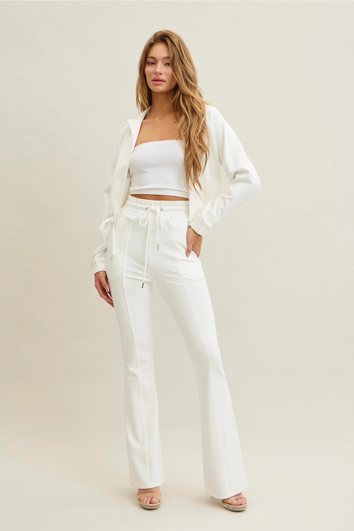 Simple Day Knit Track Jacket and Flare Pants Set | White