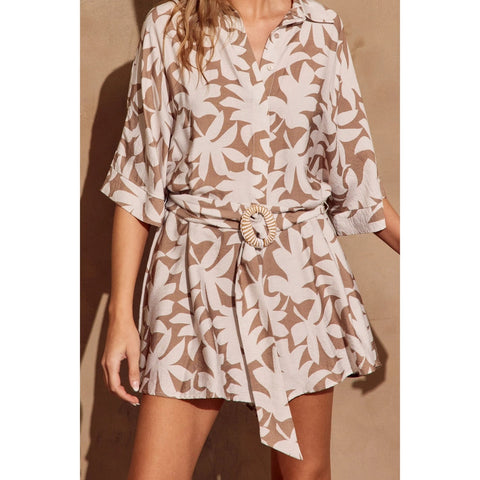 Simply Leafy Button Up Collared Romper-Rompers-Dress Forum-S-SAND FLORAL-Urbanheer