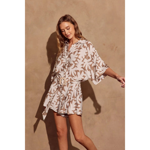 Simply Leafy Button Up Collared Romper-Rompers-Dress Forum-S-SAND FLORAL-Urbanheer