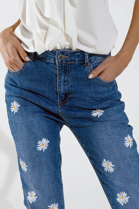 Skinny Jeans with Printed White Daisys in Mid Wash-Jeans-Q2-XL-Blue-Urbanheer