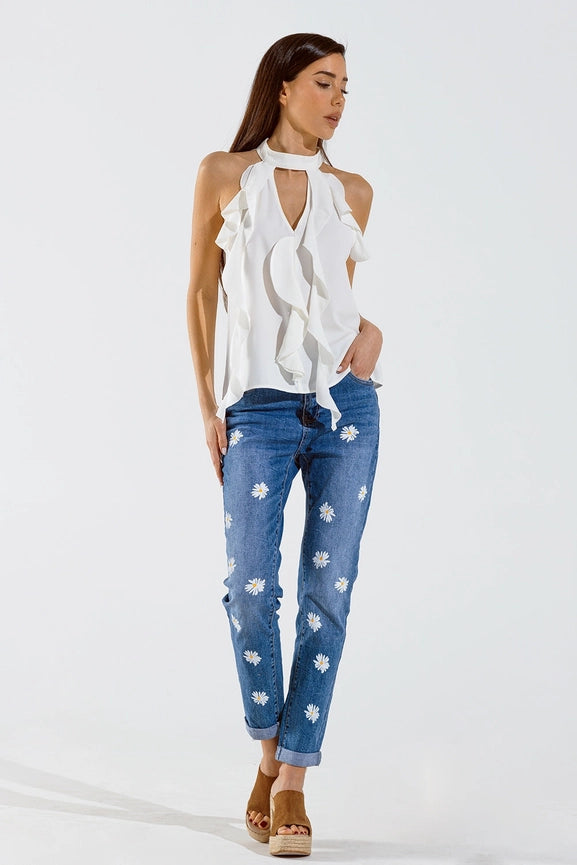 Skinny Jeans with Printed White Daisys in Mid Wash-Jeans-Q2-XL-Blue-Urbanheer