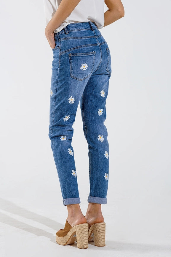 Skinny Jeans with Printed White Daisys in Mid Wash-Jeans-Q2-XL-Blue-Urbanheer