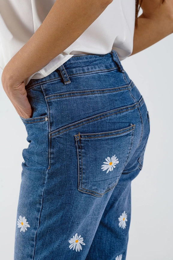 Skinny Jeans with Printed White Daisys in Mid Wash-Jeans-Q2-XL-Blue-Urbanheer