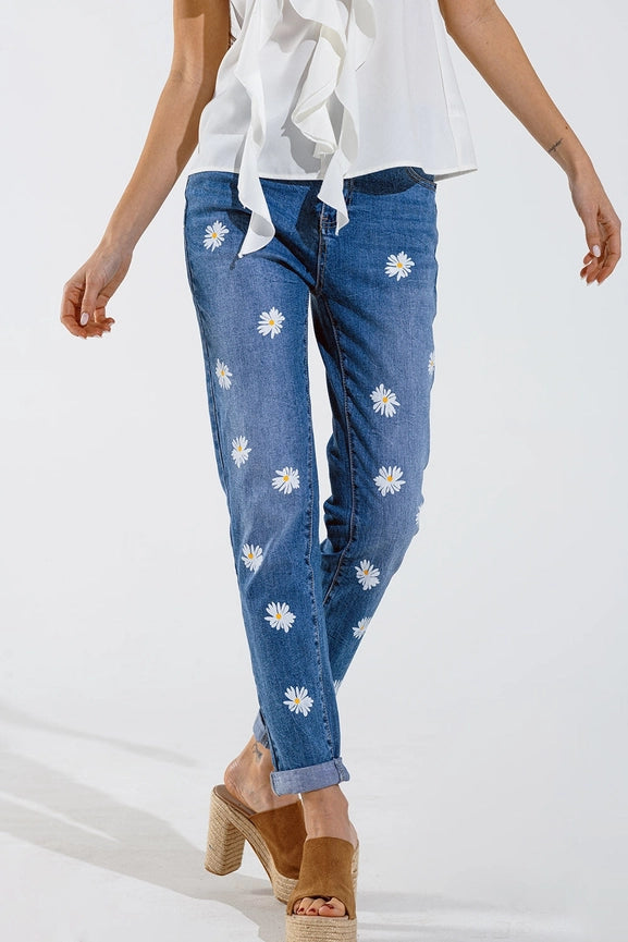 Skinny Jeans with Printed White Daisys in Mid Wash-Jeans-Q2-XL-Blue-Urbanheer