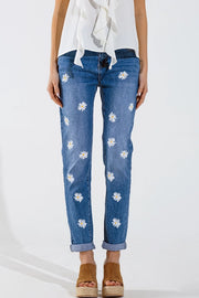 Skinny Jeans with Printed White Daisys in Mid Wash-Jeans-Q2-XL-Blue-Urbanheer