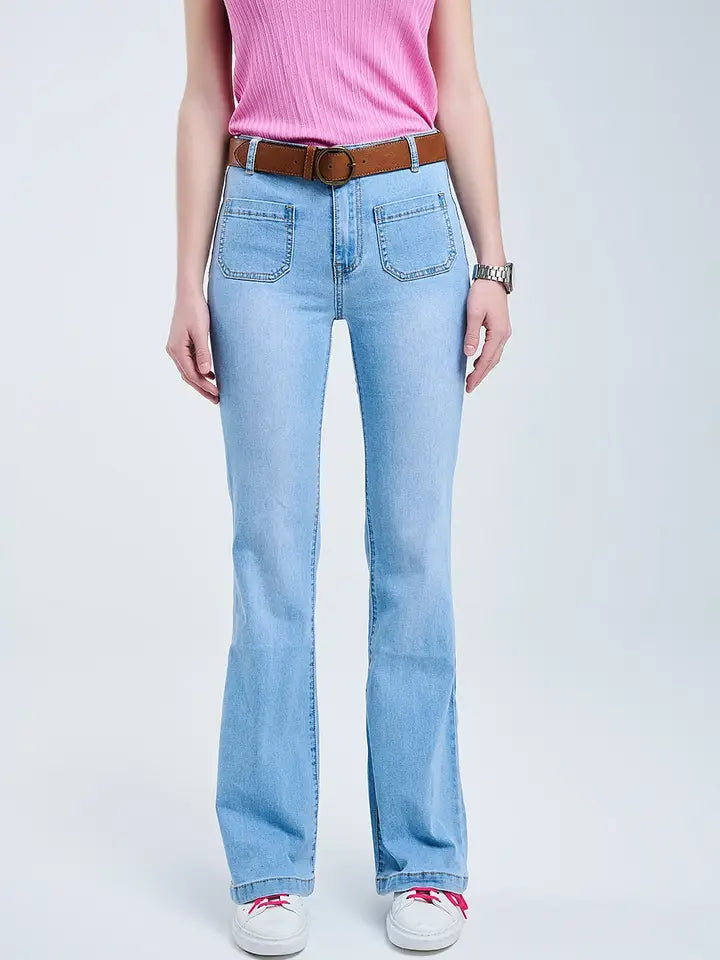 Skinny Light Wash Flare Jeans with Front Pockets-Jeans-Q2-XS-BLUE-Urbanheer