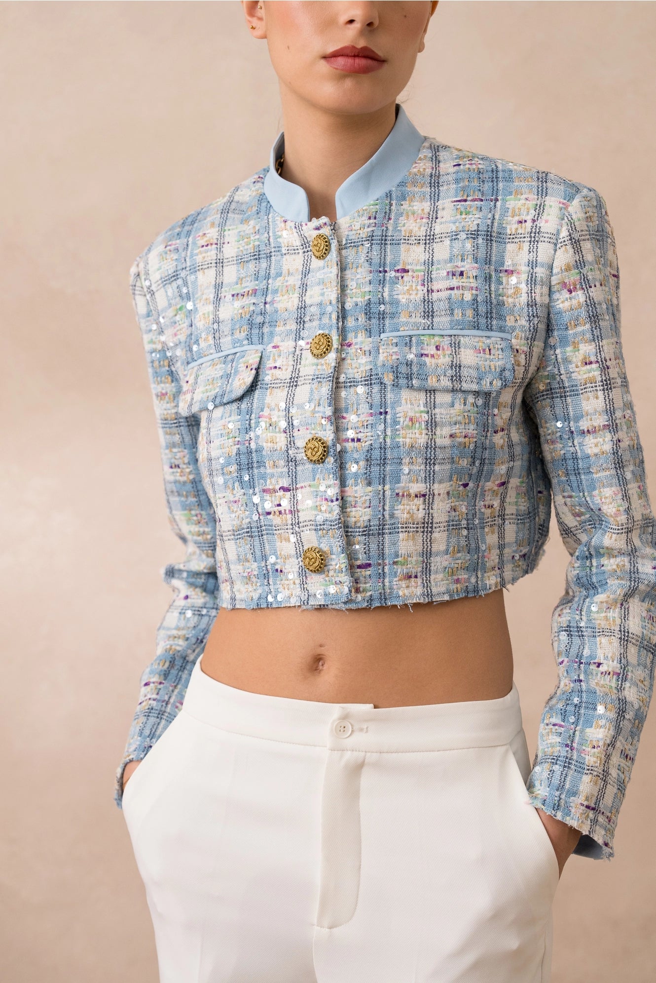 Sky Blue Checkered Tweed Short Jacket with Sequins