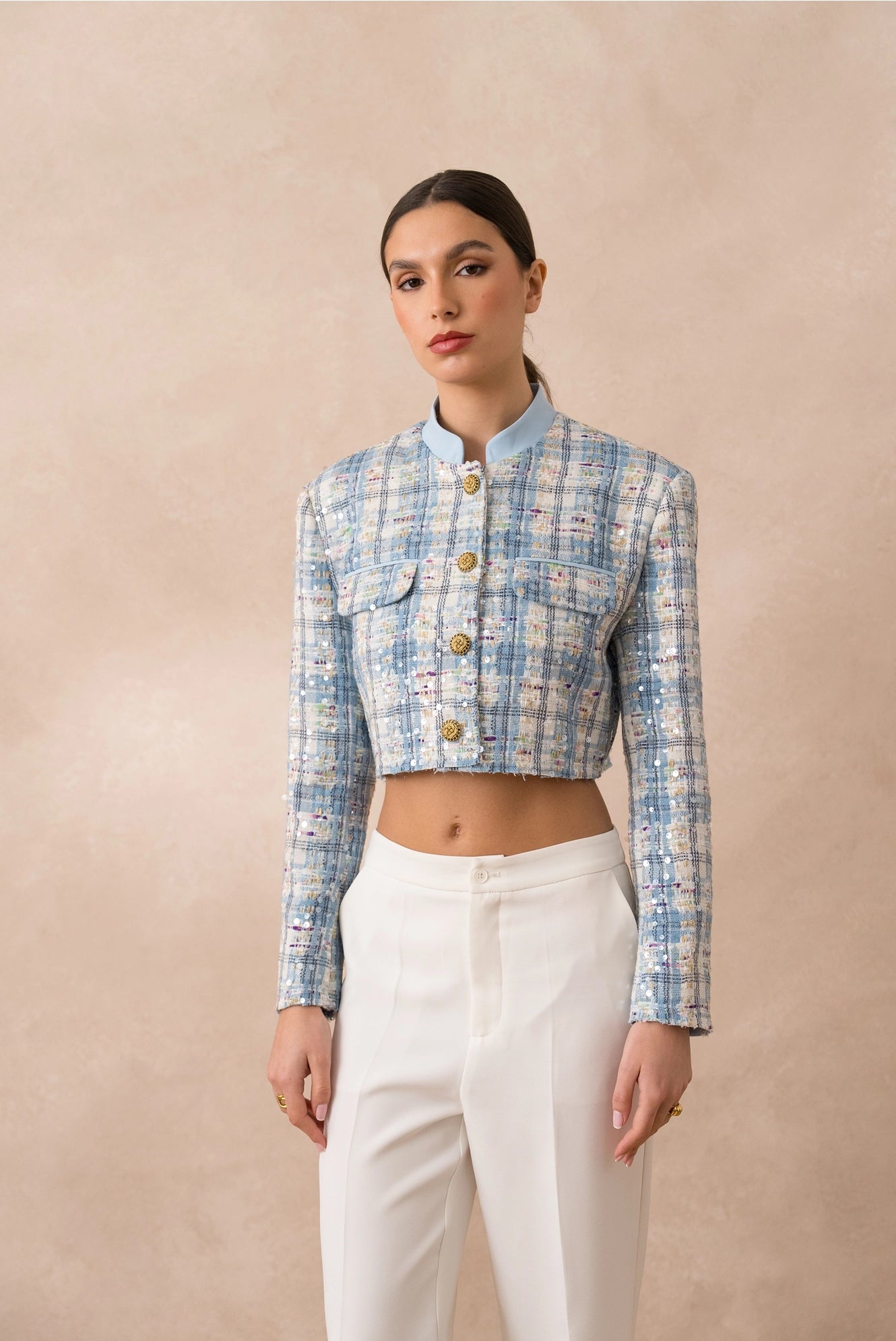 Sky Blue Checkered Tweed Short Jacket with Sequins