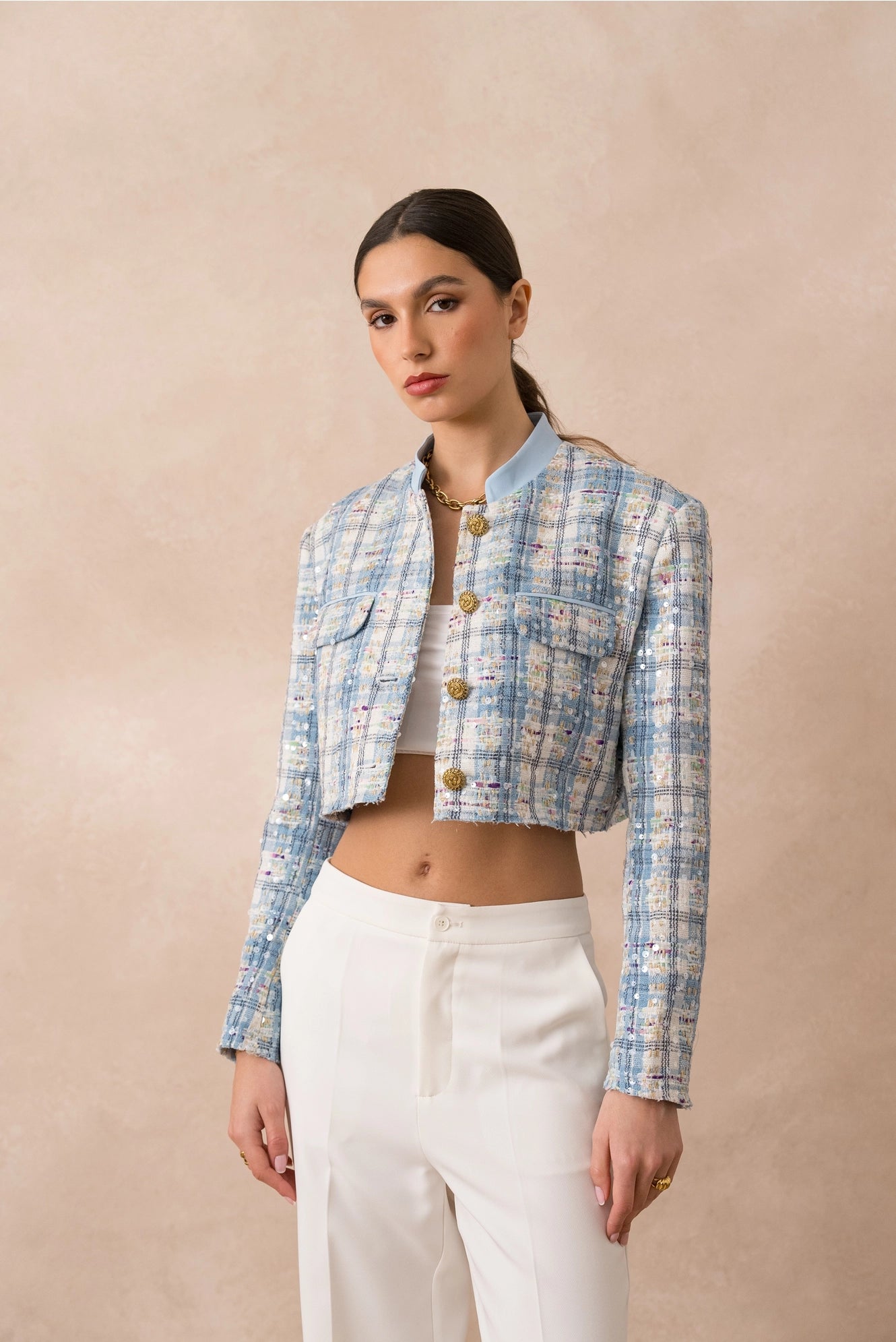 Sky Blue Checkered Tweed Short Jacket with Sequins