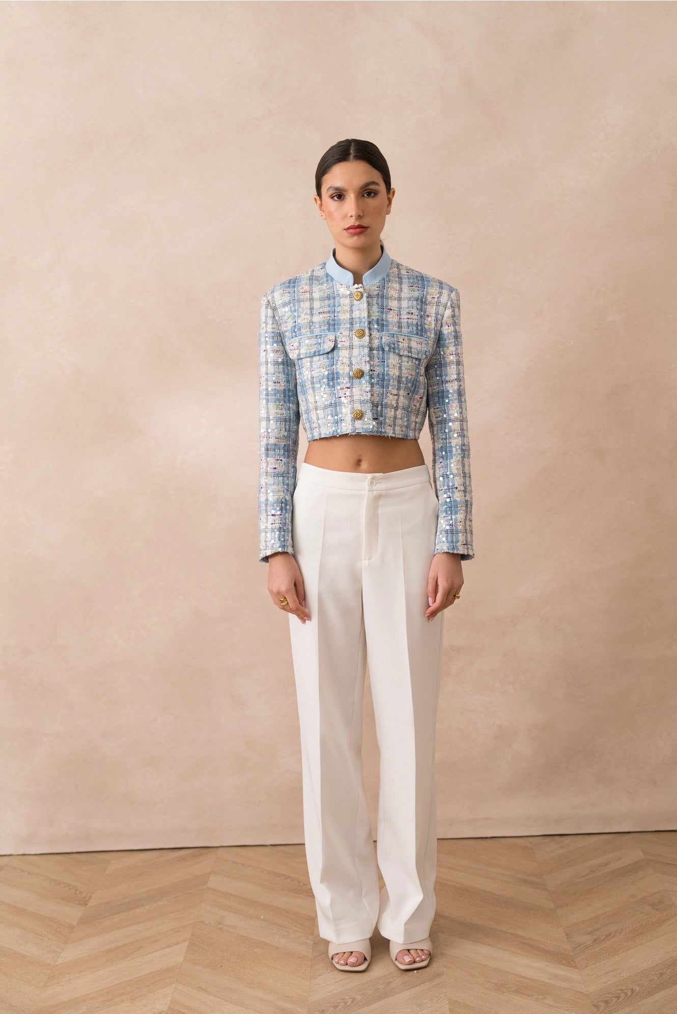 Sky Blue Checkered Tweed Short Jacket with Sequins
