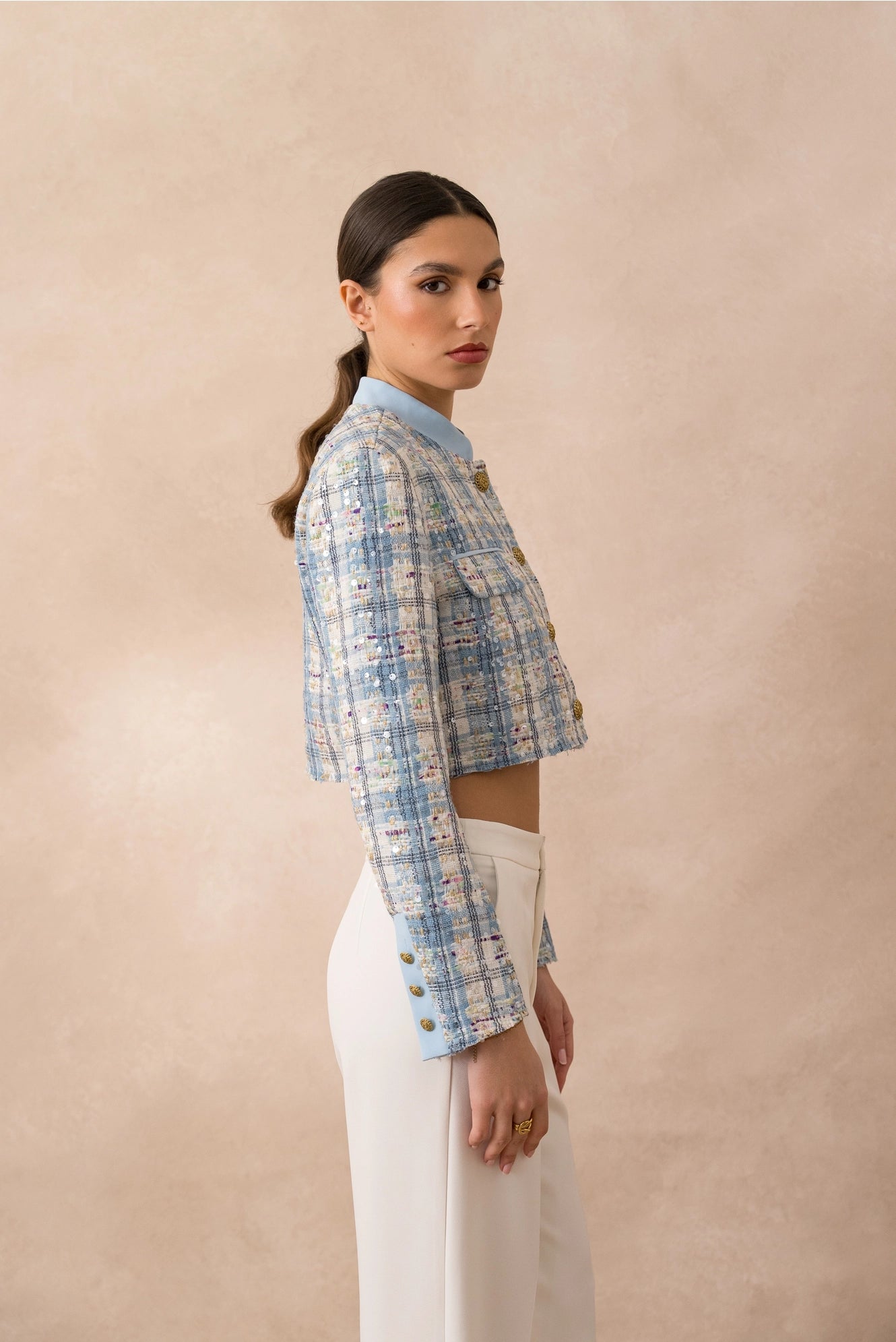 Sky Blue Checkered Tweed Short Jacket with Sequins
