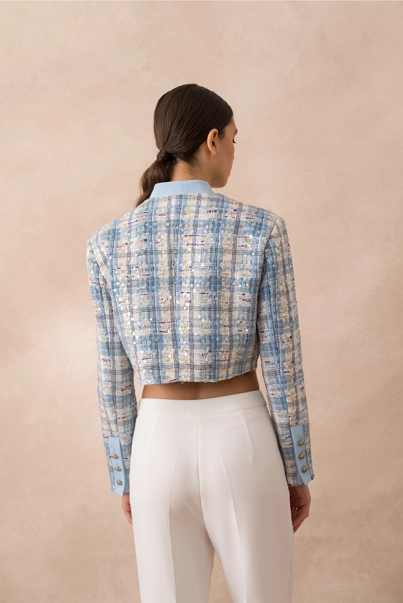 Sky Blue Checkered Tweed Short Jacket with Sequins