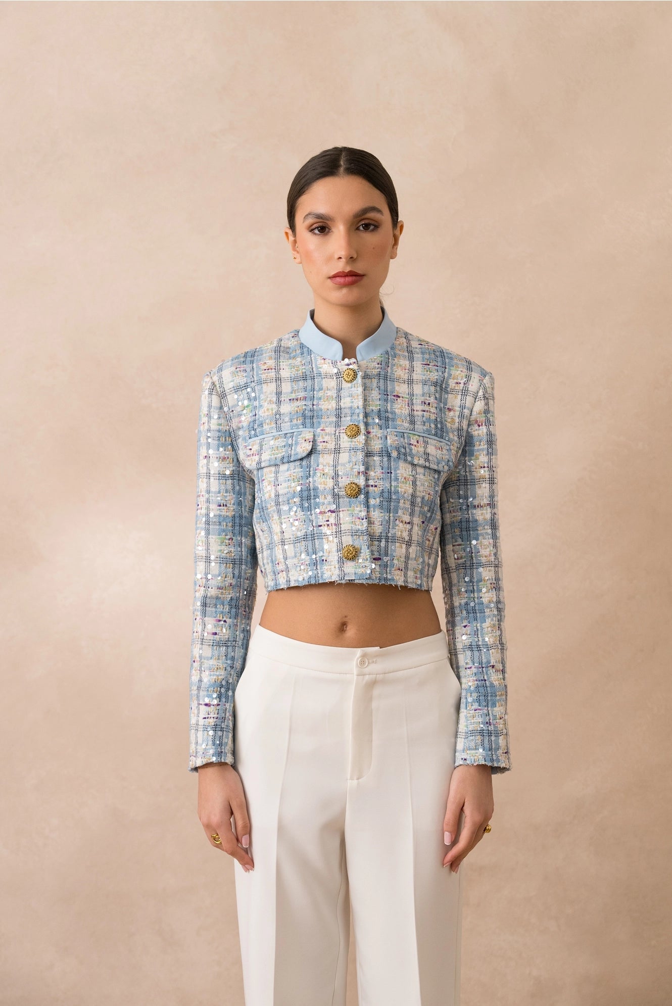 Sky Blue Checkered Tweed Short Jacket with Sequins