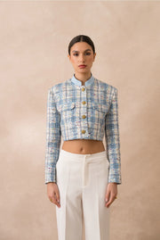 Sky Blue Checkered Tweed Short Jacket with Sequins