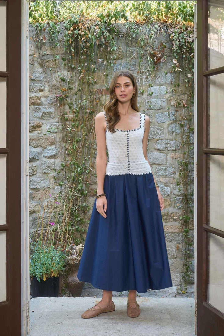 Sleeveless Button Down Knit Midi Mix Media Dress