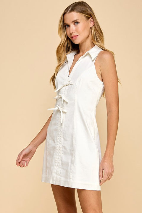 Sleeveless Collared Front Bow Tie Accents Dress-Dress-TCEC-S-Navy-Urbanheer