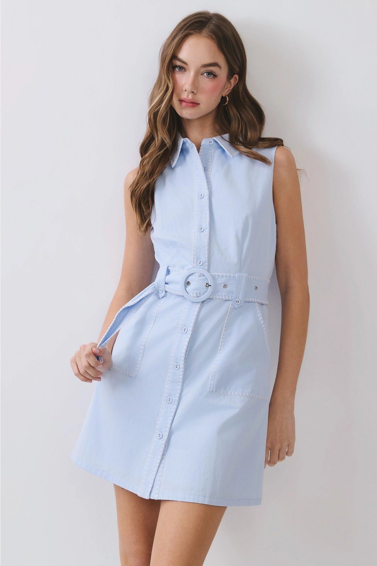 Sleeveless Contrast Stitch Belted Mini Dress