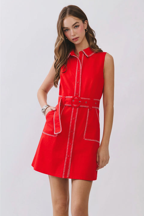 Sleeveless Contrast Stitch Belted Mini Dress