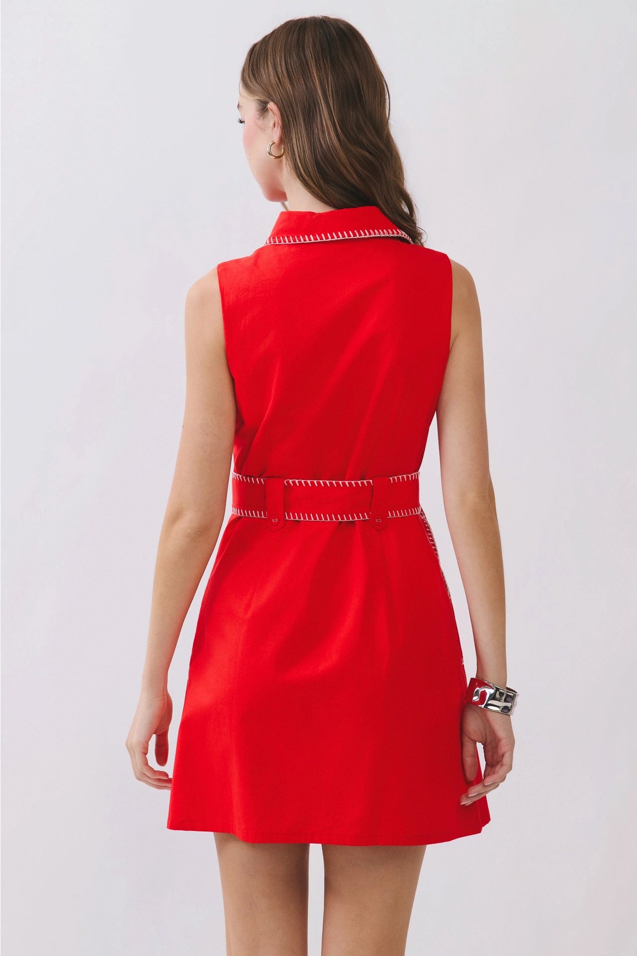 Sleeveless Contrast Stitch Belted Mini Dress