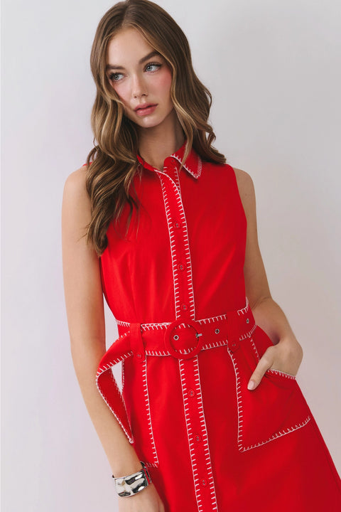 Sleeveless Contrast Stitch Belted Mini Dress